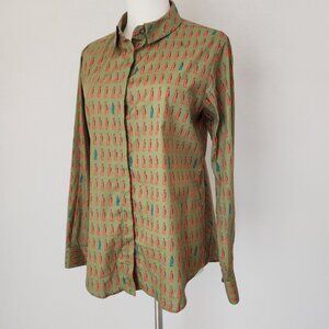 NIU Women's Shirt Bottle Printed Button-Up Long Sleeve Cotton Blend Olive Green